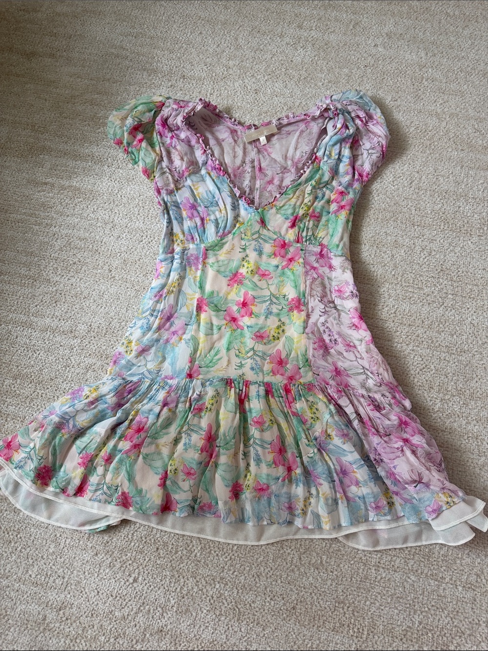 LoveShackFancy Floral V-Neck Mini Dress in Pink Green Blue